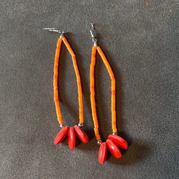 Jewelry - Handmade Orange and Red Beaded Drop Earrings
